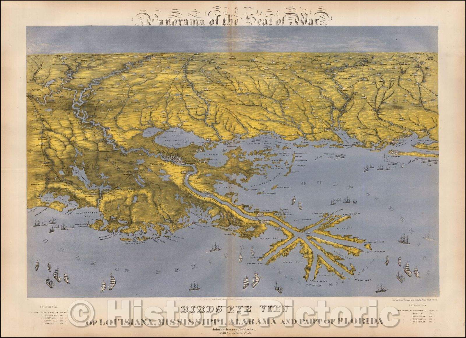 Historic Map - Panorama of the Seat of the War Birds Eye View of Louisiana, Mississippi, Alabama and Part of Florida, 1864, John Bachmann - Vintage Wall Art