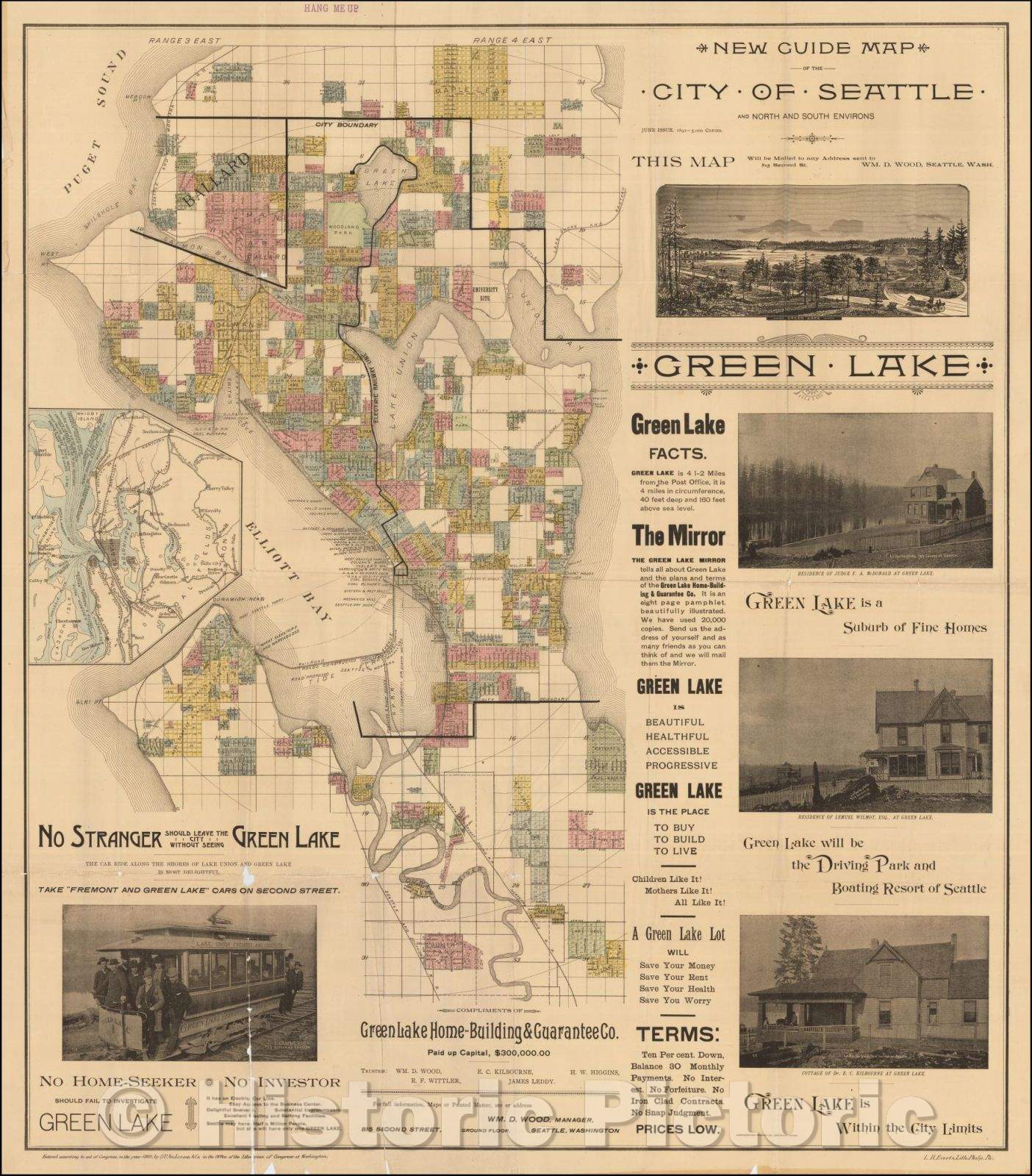 Historic Map - New Guide Map of the City of Seattle and North and South Environs, 1892, O.P. Anderson & Son - Vintage Wall Art