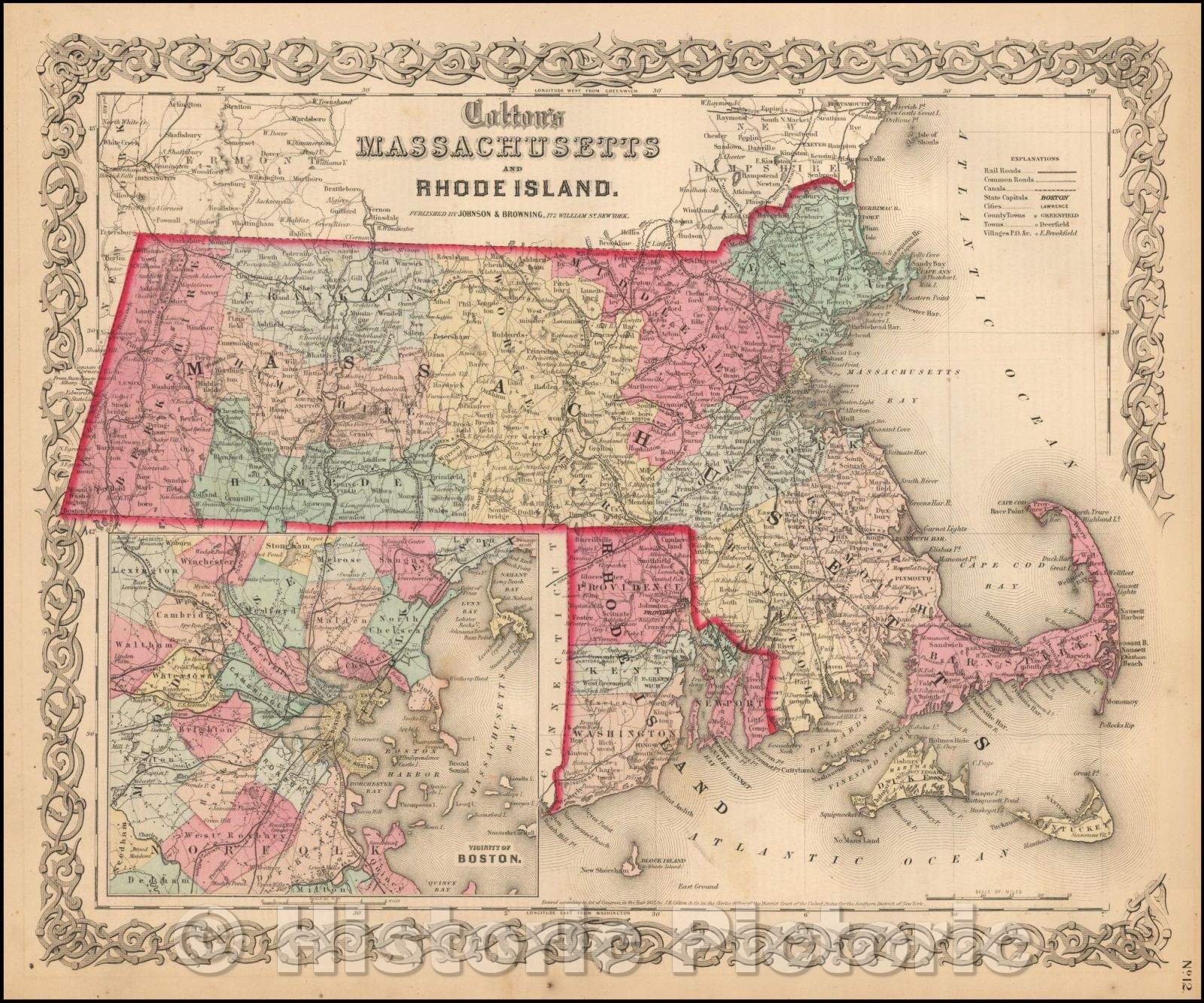 Historic Map - Massachusetts and Rhode Island, 1860, Joseph Hutchins Colton - Vintage Wall Art