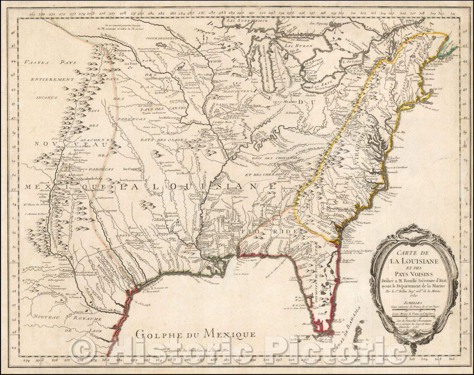 Historic Map - Carte de La Louisiane et Des Pays Voisins Dediee a M. Rouille Secretairr 'd Etat ayant le Departement de la Marine, 1755, Jacques Nicolas Bellin - Vintage Wall Art