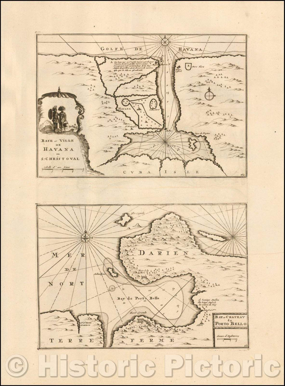 Historic Map - Cartagene Avec Ses Ports, et Fortresses with Baye et Ville De Havana ou S. Christoval with Bay et Chateau Porto Bello, 1702, Pieter Mortier - Vintage Wall Art