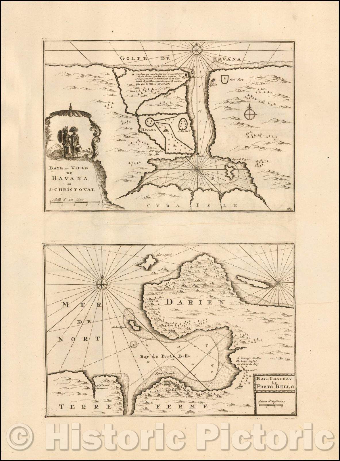 Historic Map - Cartagene Avec Ses Ports, et Fortresses with Baye et Ville De Havana ou S. Christoval with Bay et Chateau Porto Bello, 1702, Pieter Mortier - Vintage Wall Art