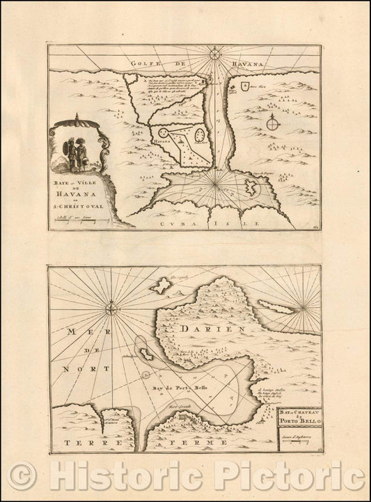 Historic Map - Cartagene Avec Ses Ports, et Fortresses with Baye et Ville De Havana ou S. Christoval with Bay et Chateau Porto Bello, 1702, Pieter Mortier - Vintage Wall Art