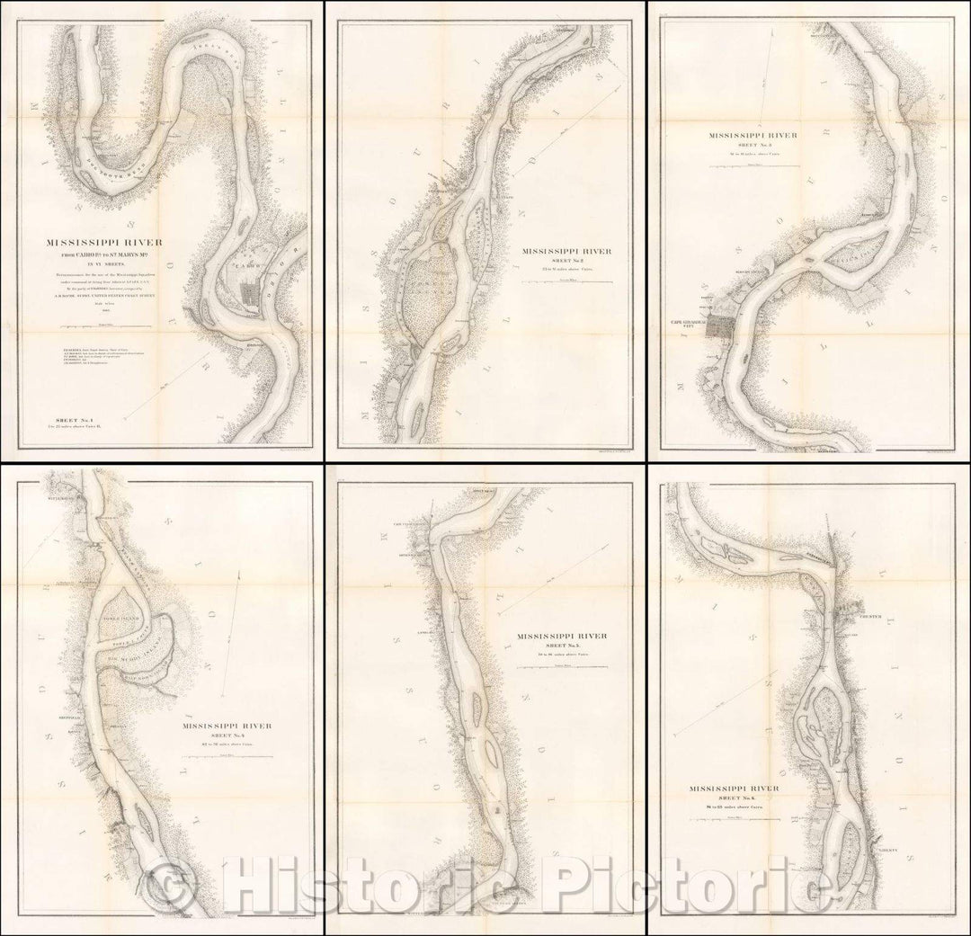 Historic Map - Mississippi River From Cairo Ill. to St. Marys Mo. In VI Sheets. Reconnaissance for the use of the Mississippi Squadron, 1865 - Vintage Wall Art