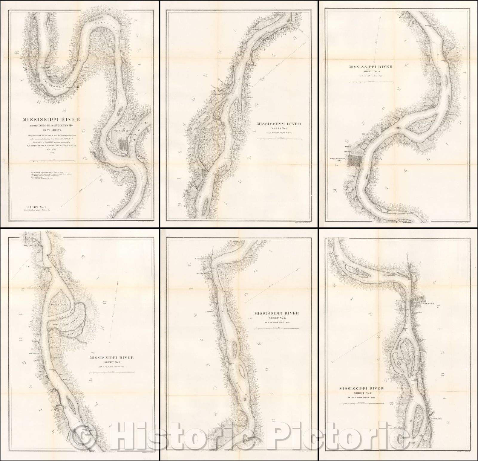 Historic Map - Mississippi River From Cairo Ill. to St. Marys Mo. In VI Sheets. Reconnaissance for the use of the Mississippi Squadron, 1865 - Vintage Wall Art