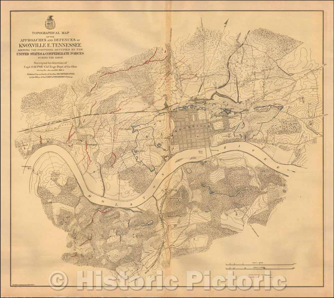 Historic Map - Topographical Map of the Approaches and Defences of Knoxville E. Tennessee, 1865, U.S. War Department - Vintage Wall Art
