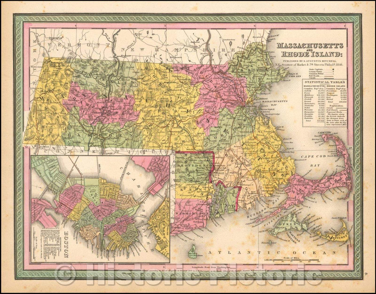 Historic Map - Massachusetts and Rhode Island (with Boston inset), 1846, Samuel Augustus Mitchell v2