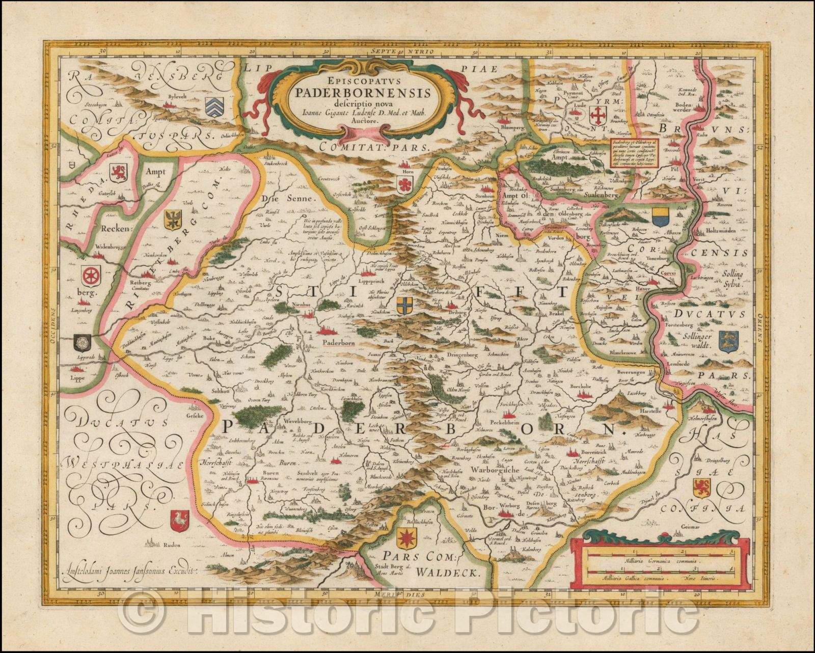 Historic Map - Episcopatus Paderbornensis descriptio nova/Map of the Paderborn, with coats of arms locating Paderborn and the neigboring Regions, 1640 - Vintage Wall Art