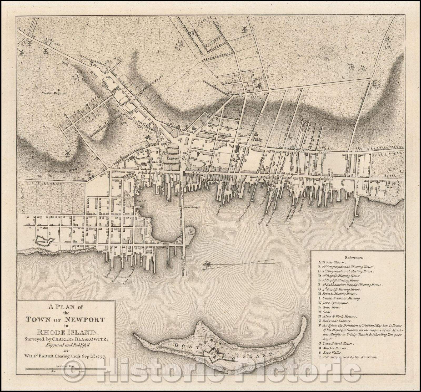 Historic Map - A Plan of the Town of Newport in Rhode Island. Surveyed, 1777, William Faden - Vintage Wall Art