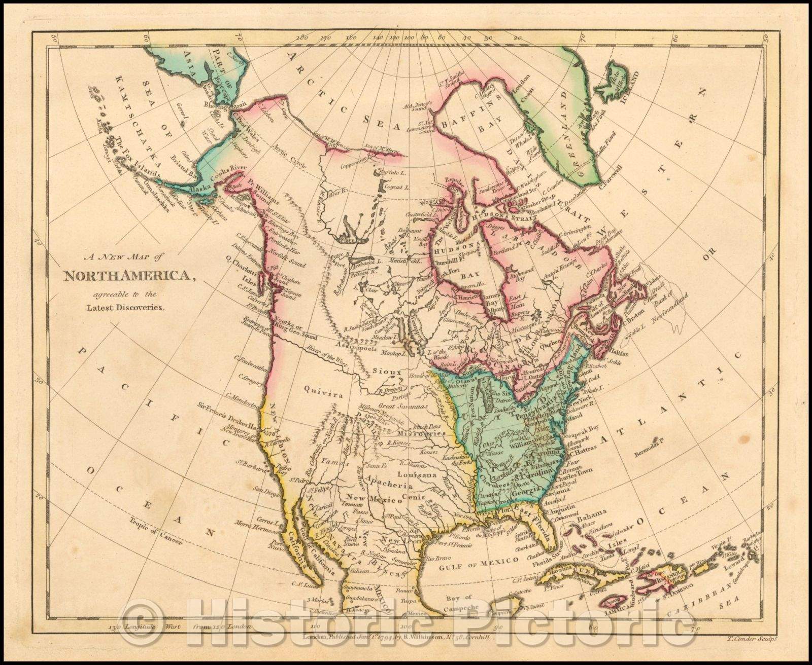 Historic Map - North America, Agreeable to the Latest Discoveries, 1794, Robert Wilkinson - Vintage Wall Art