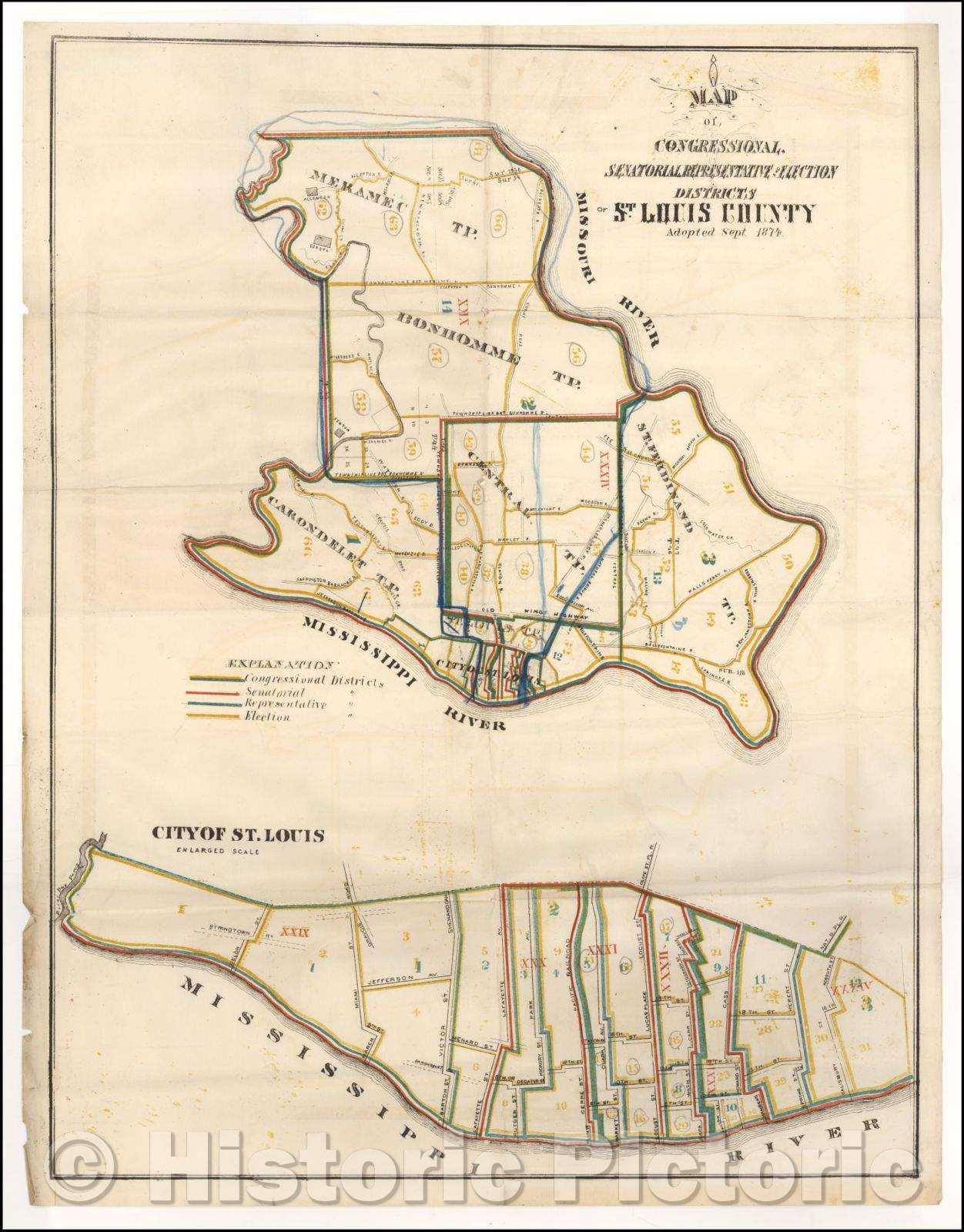 Historic Map - Map of Congressional, Senatorial Representative and Election Districts of St. Louis County Adopted Sept, 1874, Anonymous - Vintage Wall Art