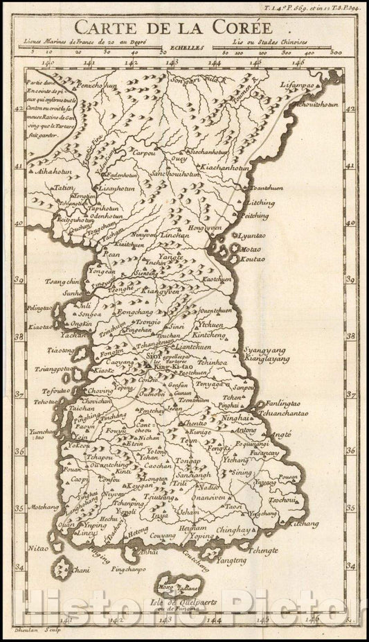 Historic Map - carte de la coree dheulan/Map of Korea, engraved by Guilluame Dheulland in Paris, 1750, Guillaume Dheulland - Vintage Wall Art