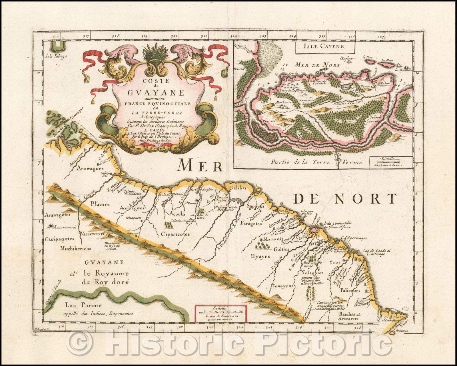 Historic Map - Coste de Guayane autrement France Equionoctiale en La Terre-Ferme d'Amerique, 1677, Pierre Du Val - Vintage Wall Art