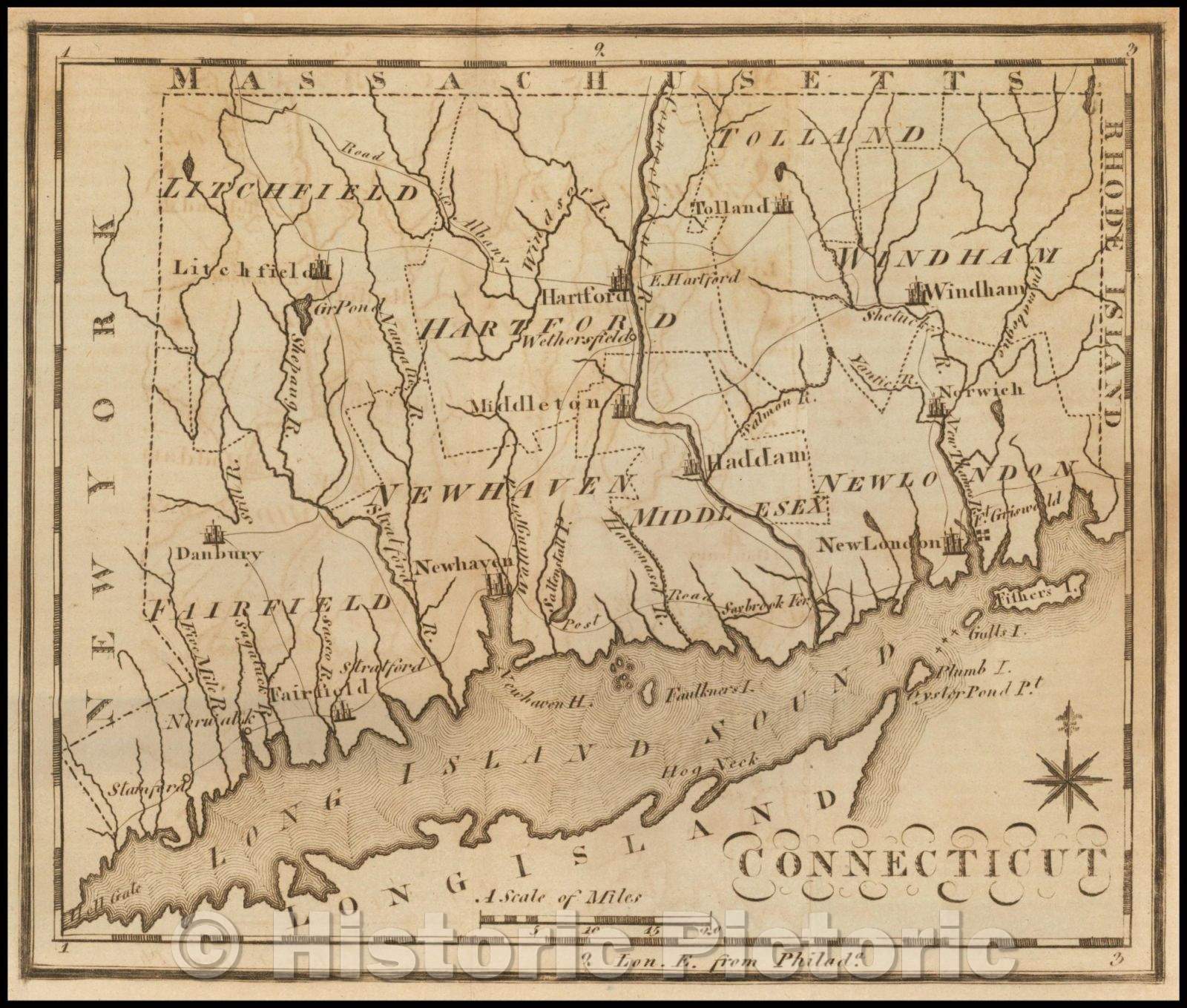 Historic Map - Connecticut, 1795, Joseph Scott - Vintage Wall Art