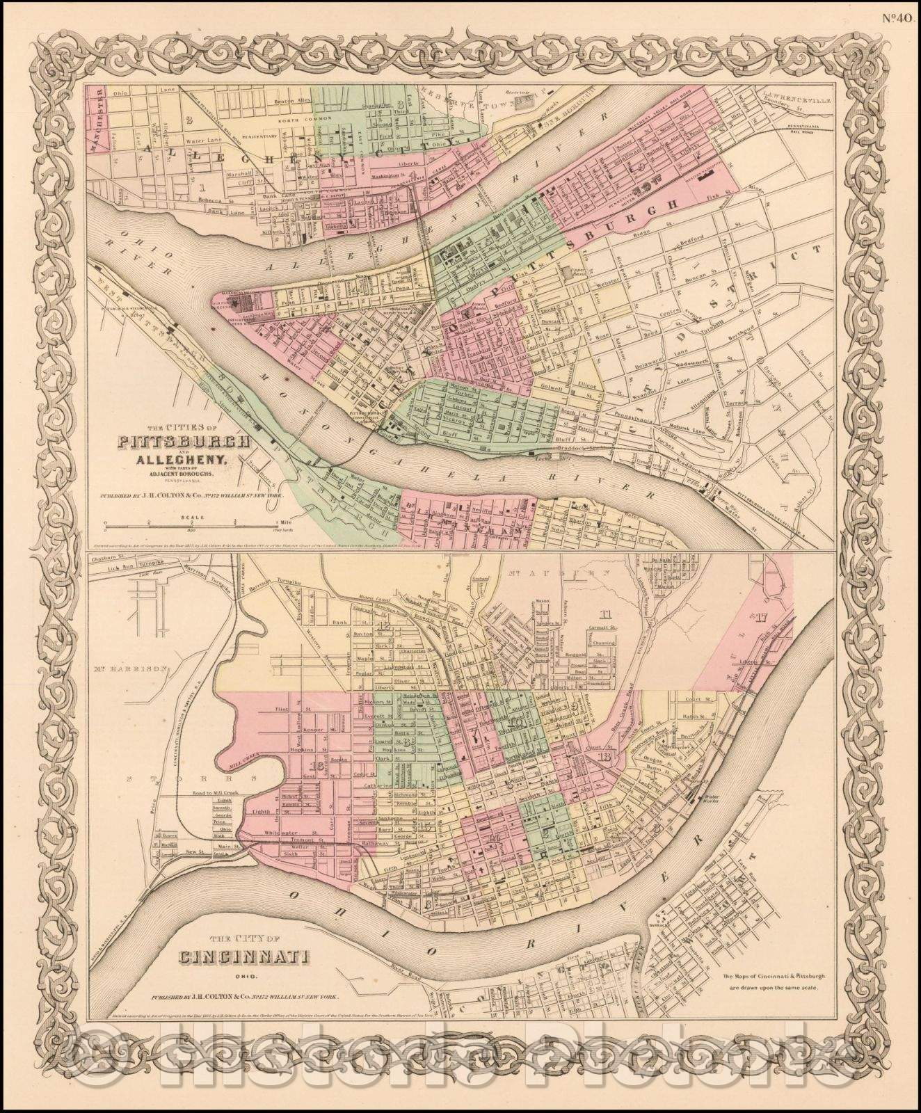 Historic Map - The Cities of Pittsburgh and Allegheny with Parts of Adjacent Boroughs [with] The City of Cincinnati Ohio, 1859, Joseph Hutchins Colton v1