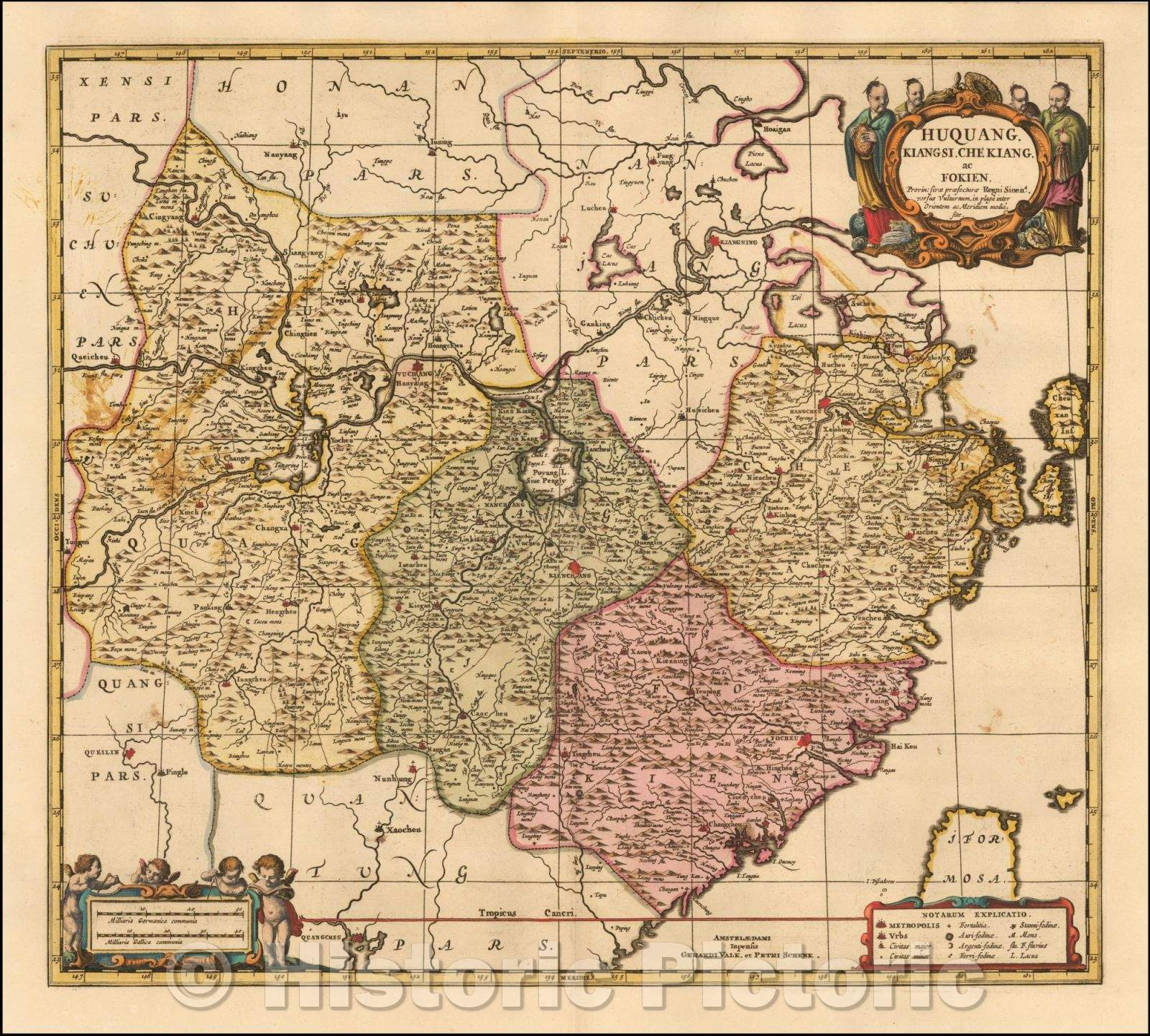 Historic Map - Huquang, Kiangsi, Che Kiang, ac Fokien, Provin: sivae Praefecturae Regni Sinens, 1700, Peter Schenk - Vintage Wall Art