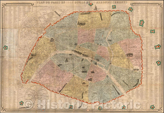 Historic Map - Plan De Paris en 1865 Divise En 20 Arrondiss/Map of Paris, vignettes for Train Lines and a number of major monuents, 1866 - Vintage Wall Art