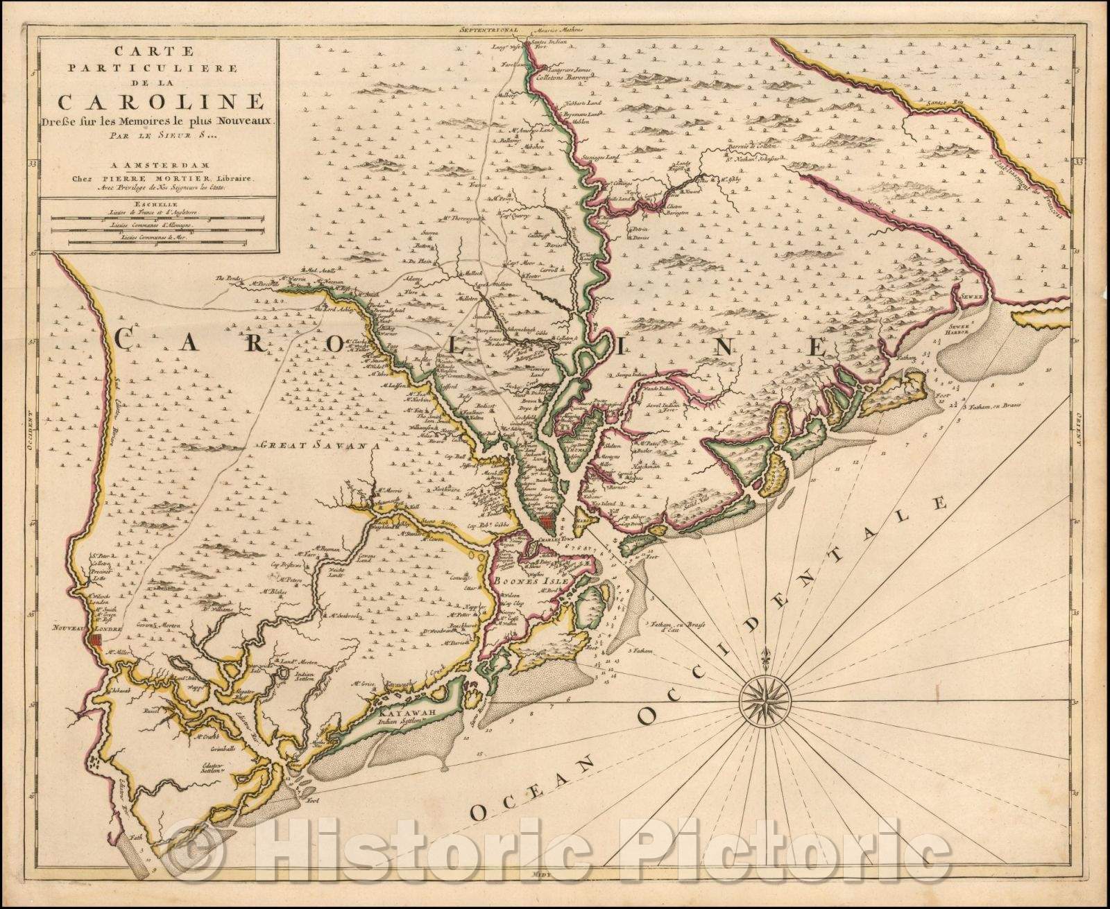 Historic Map - Charleston & Environs Carte Particuliere De La Caroline Dresse sur les Memoires le plus Nouveaux Par Le Sieur Sanson, 1696, Pieter Mortier - Vintage Wall Art