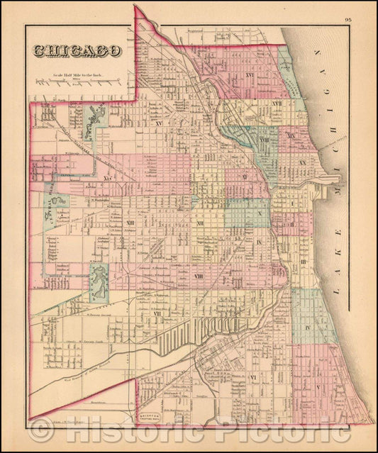 Historic Map - Chicago, 1876, O.W. Gray - Vintage Wall Art