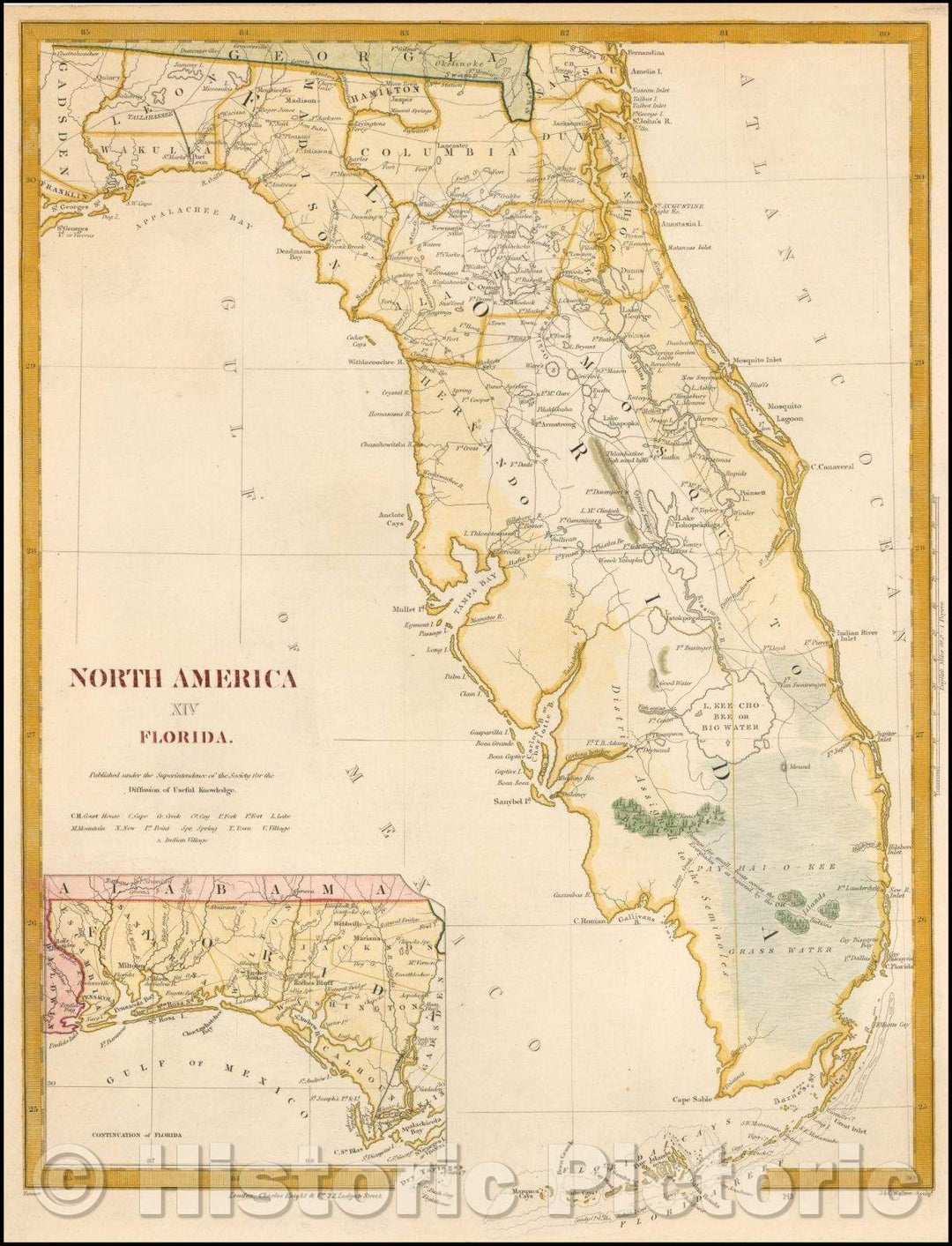 Historic Map - North America XIV Florida, 1845, SDUK - Vintage Wall Art
