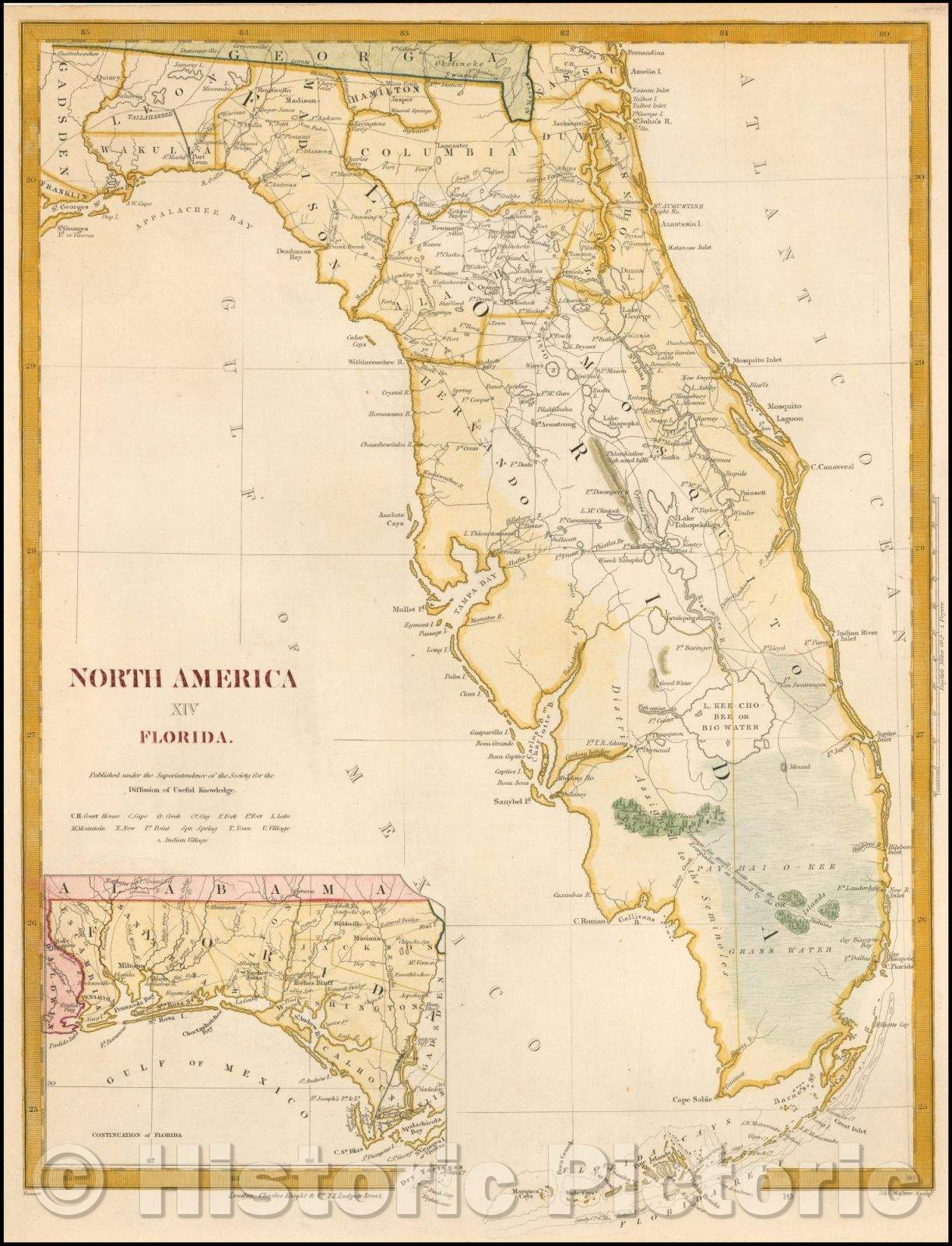 Historic Map - North America XIV Florida, 1845, SDUK - Vintage Wall Art