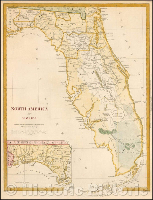 Historic Map - North America XIV Florida, 1845, SDUK - Vintage Wall Art