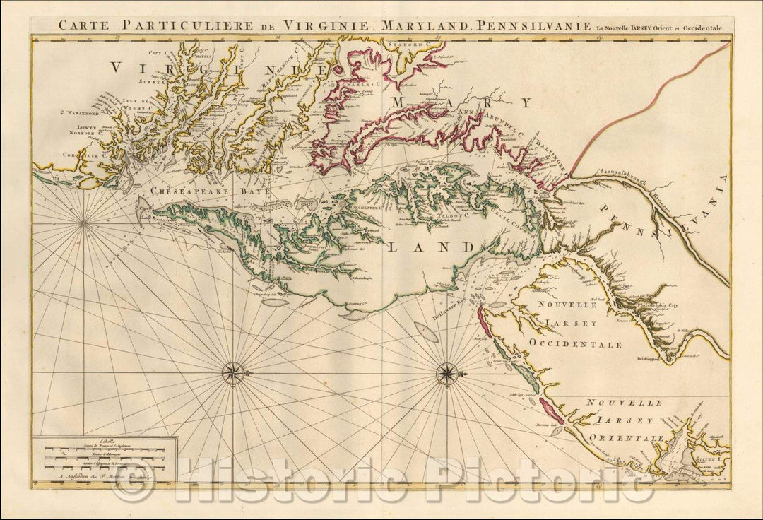 Historic Map - Carte Particuliere de Virginie, Maryland, Pennsilvanie, La Nouvelle Jarsey. Orient/Chart of Chesapeake Bay, Delaware Estuary, 1592 - Vintage Wall Art