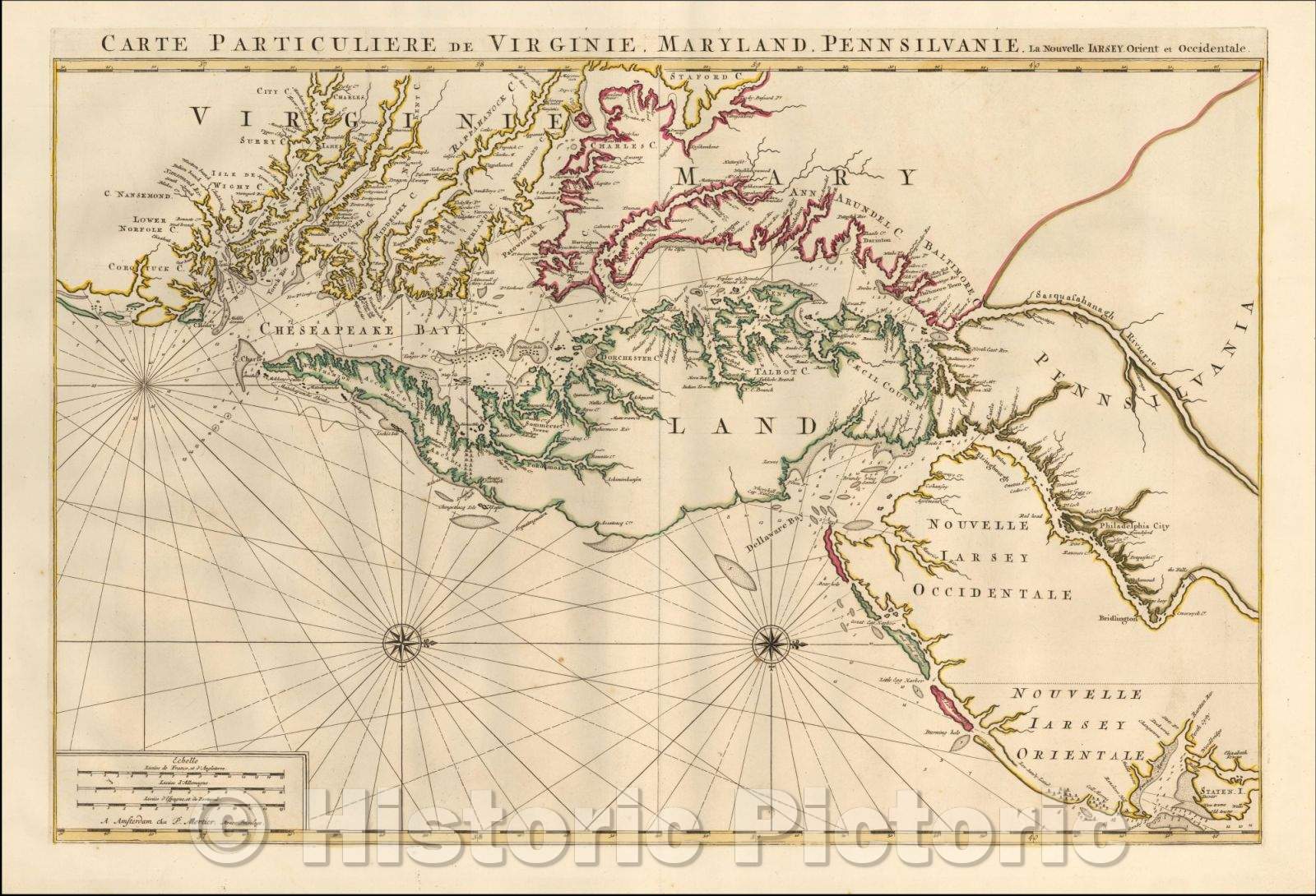 Historic Map - Carte Particuliere de Virginie, Maryland, Pennsilvanie, La Nouvelle Jarsey. Orient/Chart of Chesapeake Bay, Delaware Estuary, 1592 - Vintage Wall Art