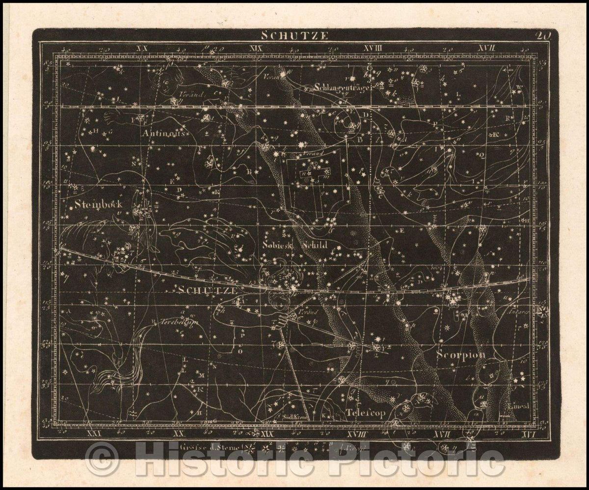 Historic Map - Schutze/Map, constellations on a night sky, published by Christian Friedrich Goldbach, 1799, Christoph Friedrich Goldbach - Vintage Wall Art