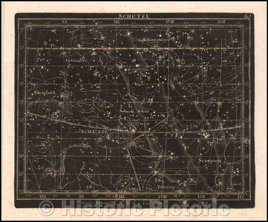 Historic Map - Schutze/Map, constellations on a night sky, published by Christian Friedrich Goldbach, 1799, Christoph Friedrich Goldbach - Vintage Wall Art