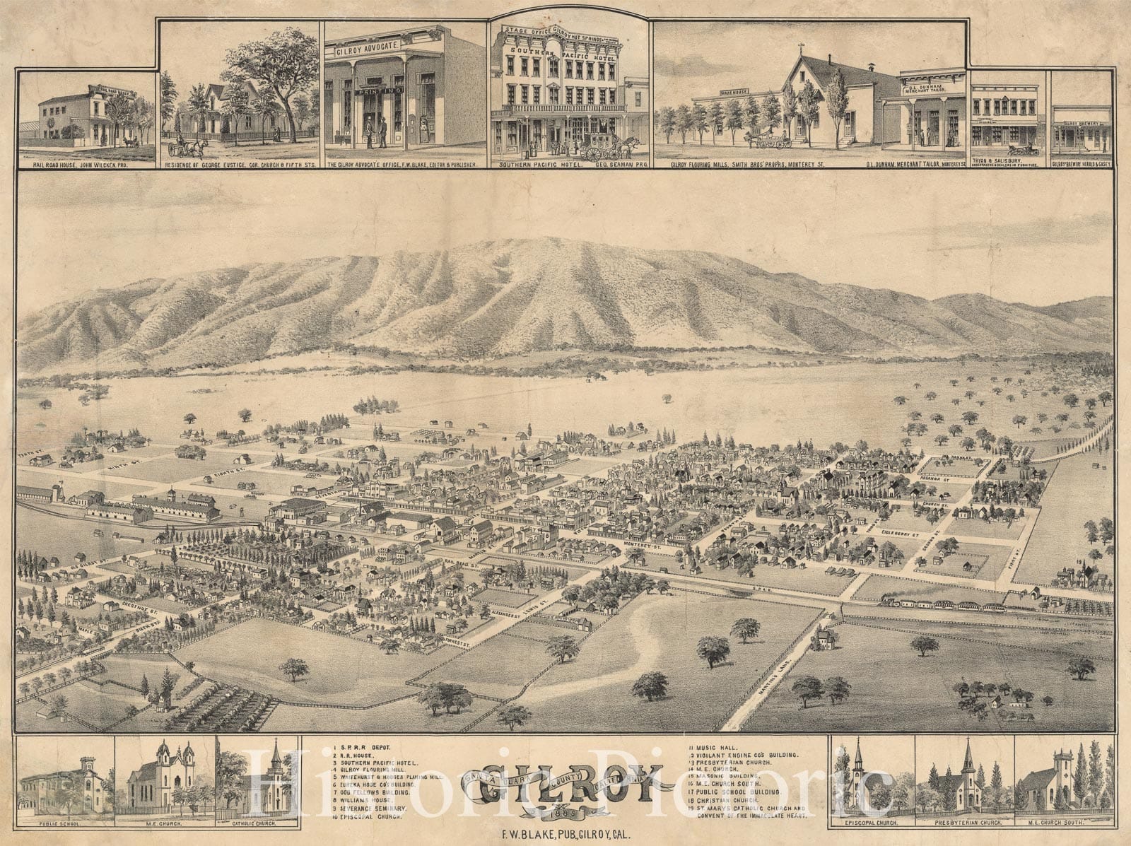 Historic Map - Gilroy Santa Clara County California, 1885, F. W. Blake - Vintage Wall Art