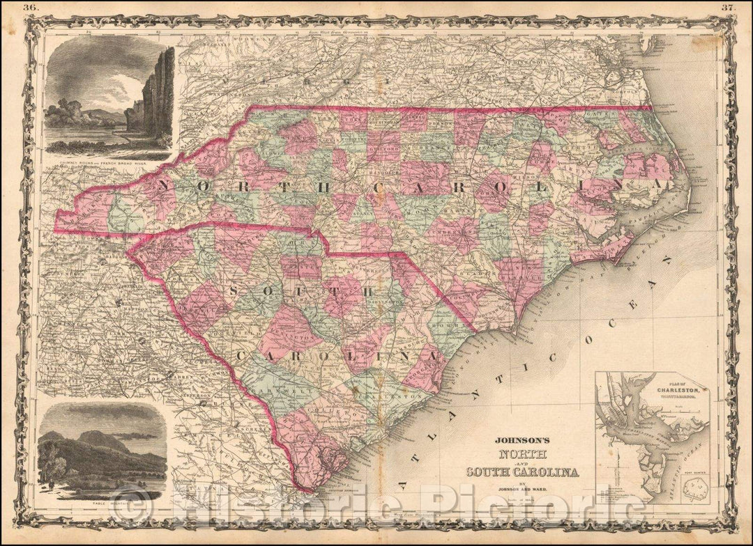 Historic Map - Johnson's North and South Carolina (with large inset of Charleston Harbor), 1863, Benjamin P Ward v2