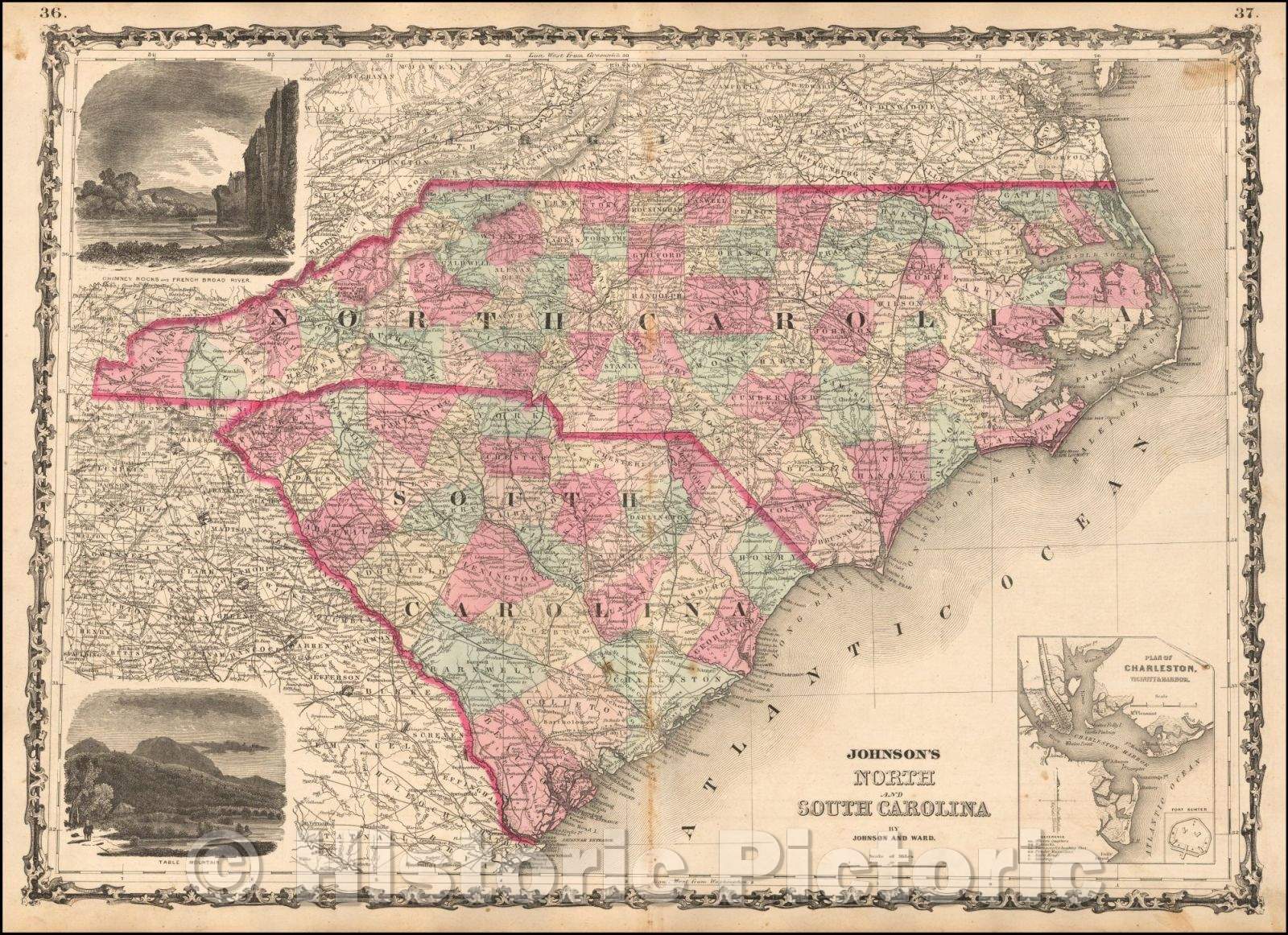 Historic Map - Johnson's North and South Carolina (with large inset of Charleston Harbor), 1863, Benjamin P Ward v2