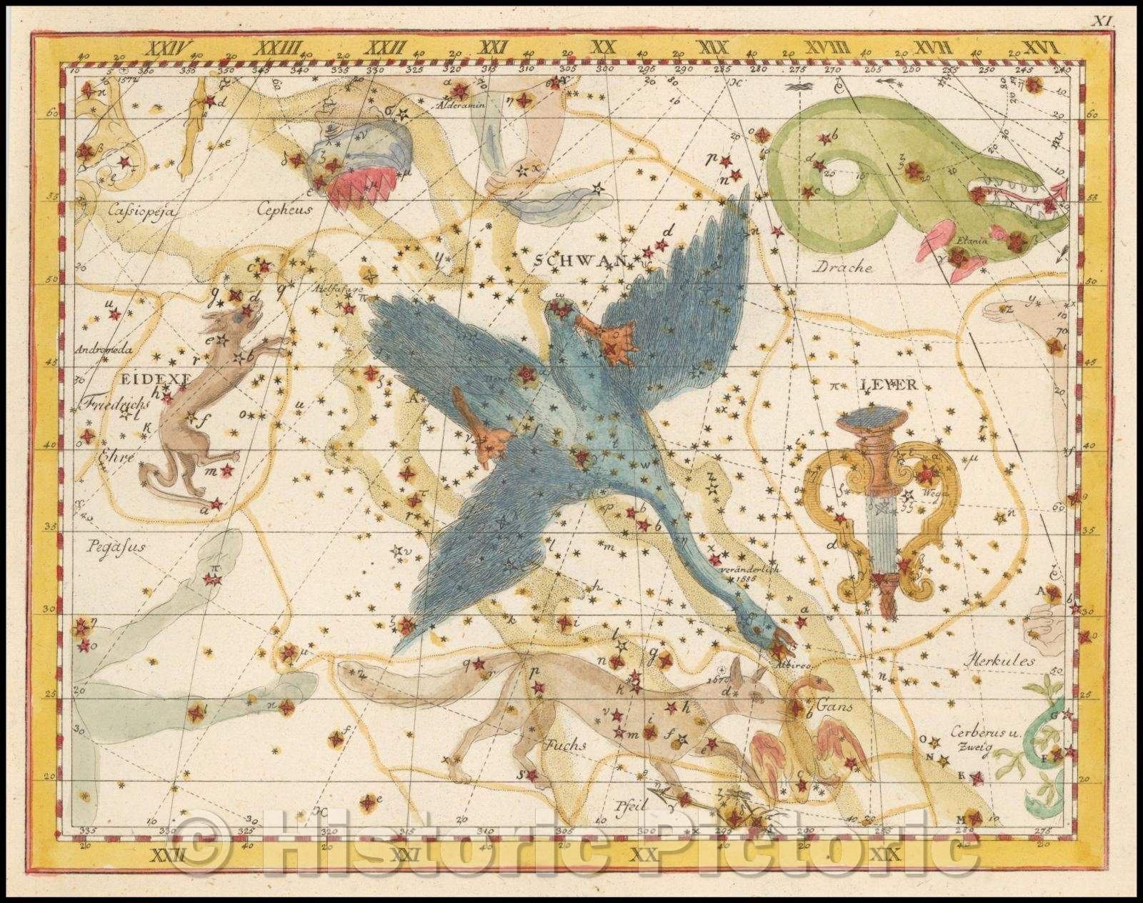 Historic Map - Leyer, Schwan Eidexe (Cygnus, Lacerta, and Lyra) / Star Chart centered the constellations Cygnus, Lacerta, and Lyra, 1805, Johann Elert Bode - Vintage Wall Art