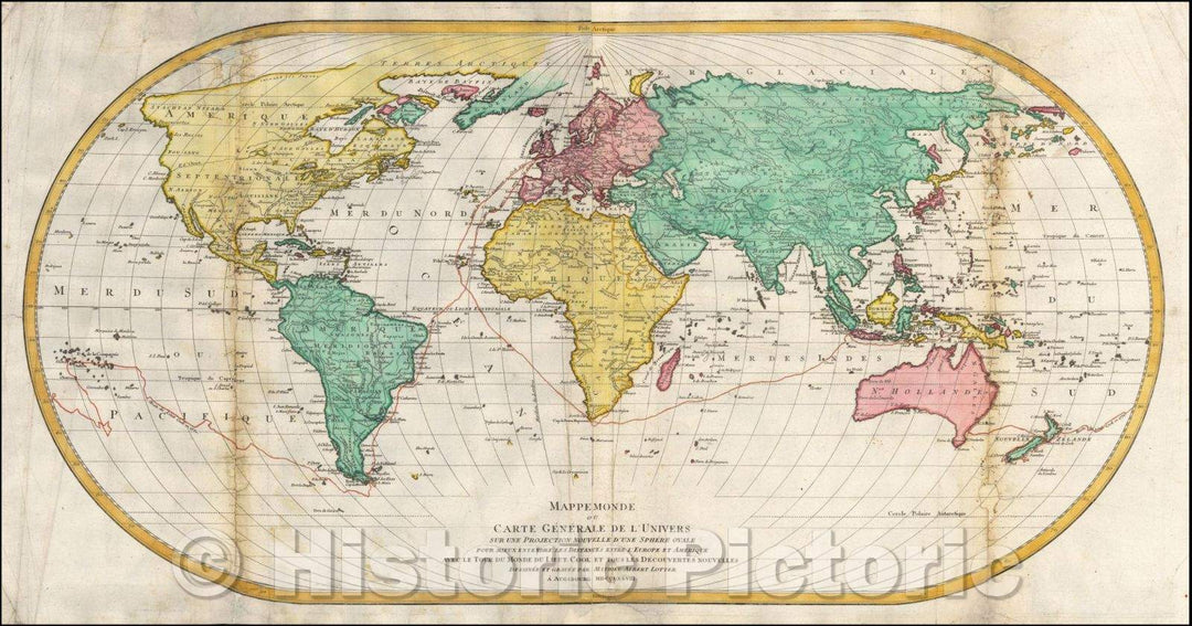 Historic Map - Mappe Monde ou Carte Generale de L' Univers Sur Une Projection Nouvelle D'Une Sphere Ovale, 1778, Mathais Albrecht Lotter - Vintage Wall Art