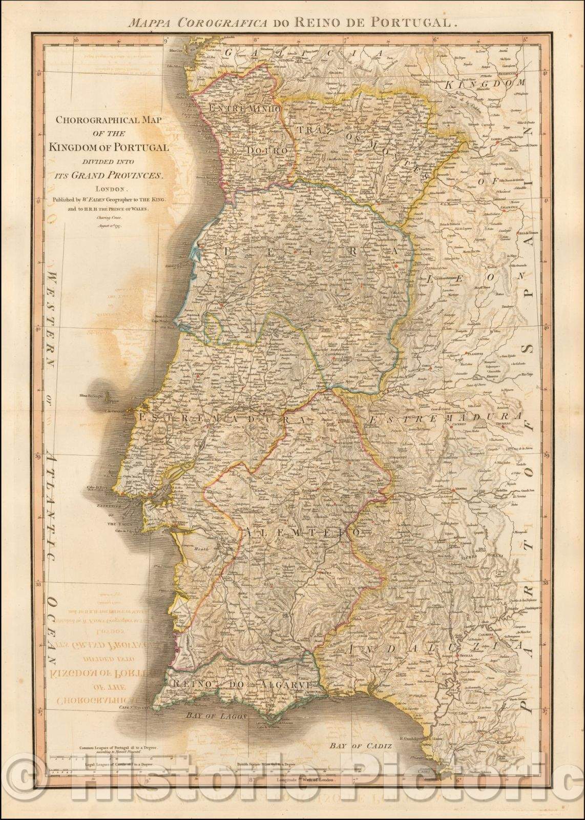 Historic Map - Chorographical Map of the Kingdom of Portugal Divided into its Grand Provinces, 1801, William Faden - Vintage Wall Art
