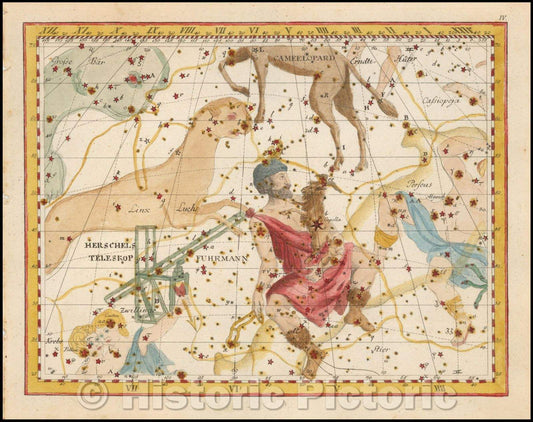 Historic Map - Herschels Teleskop, Furhmann/Star Chart centered on Auriga and the Herschel Telescopes, published by Johann Elert Bode (1747-1826), 1805 - Vintage Wall Art