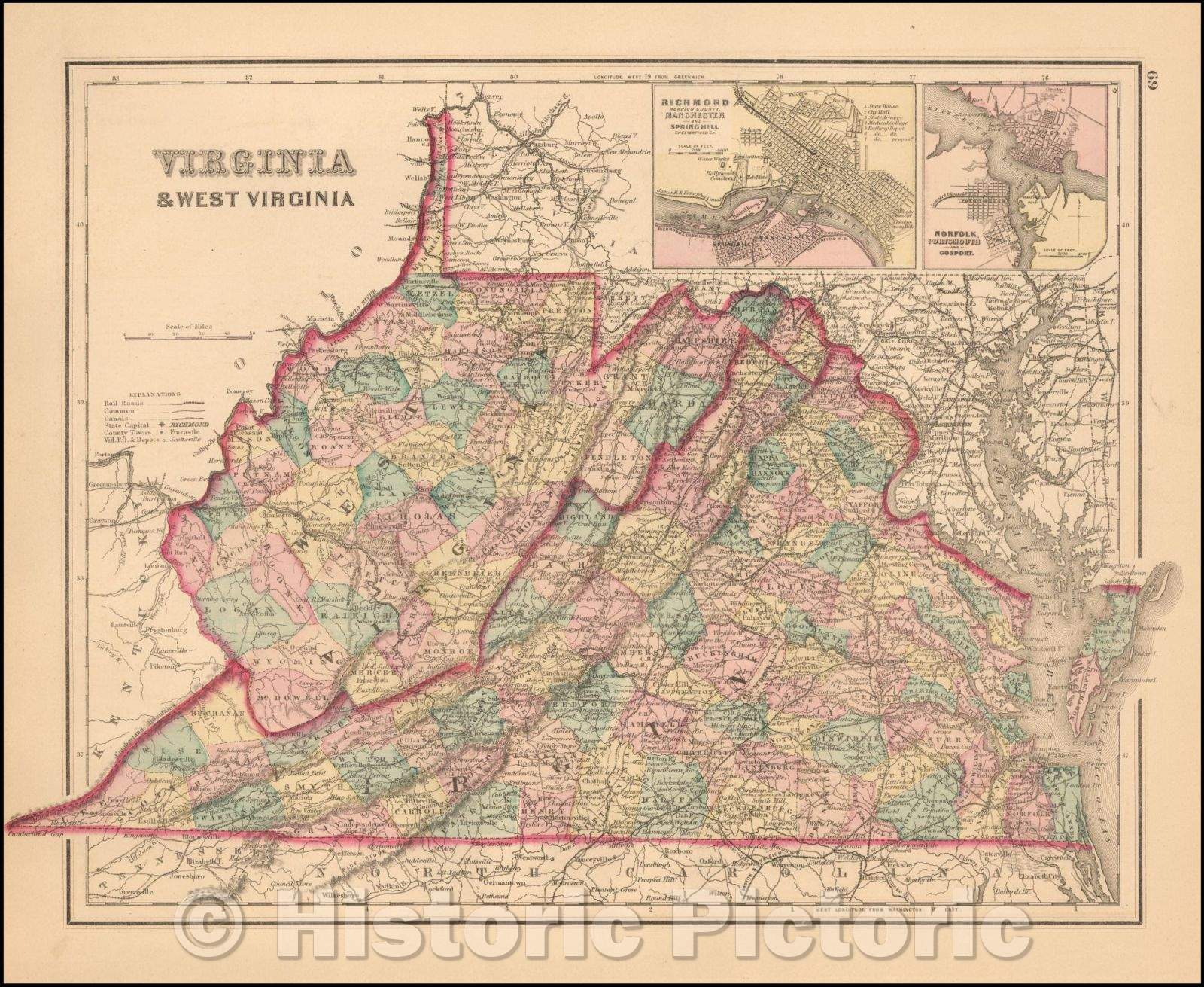 Historic Map - Gray's Atlas Map of Virginia and West Virginia, 1876, O.W. Gray - Vintage Wall Art