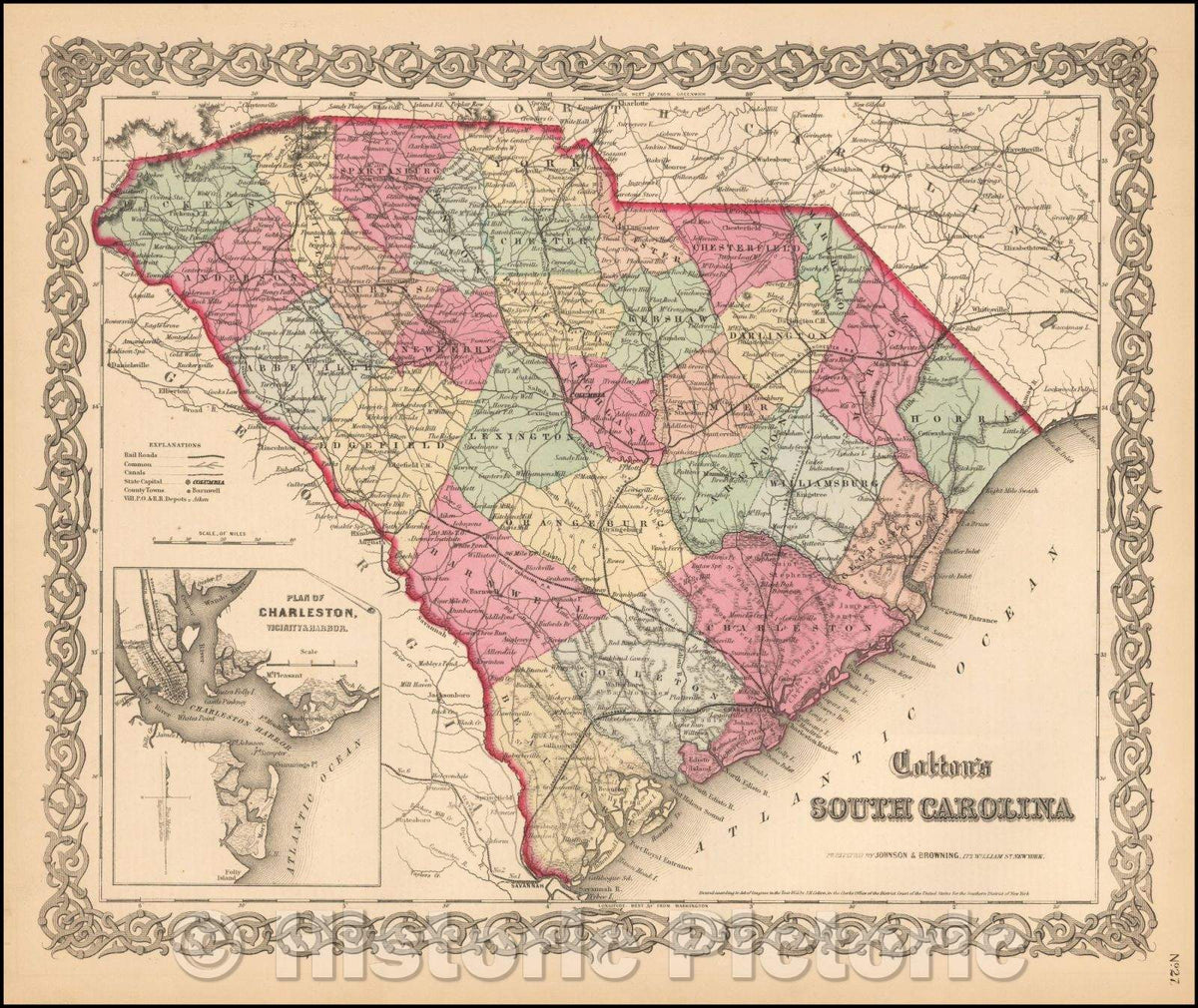 Historic Map - Colton's South Carolina [Charleston Inset], 1859, Joseph Hutchins Colton - Vintage Wall Art