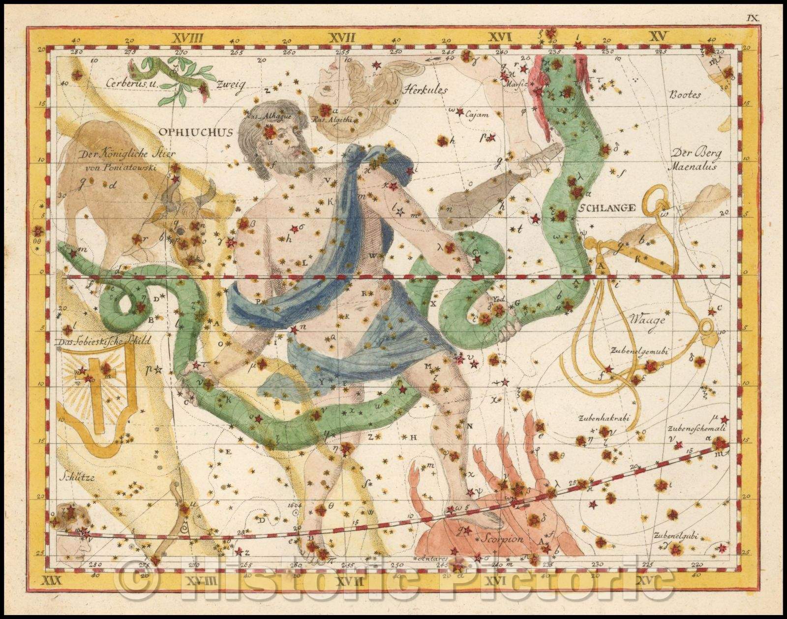 Historic Map - Ophiuchus and Schlange (Serpent) / Star Chart published by Johann Elert Bode (1747-1826), 1805, Johann Elert Bode - Vintage Wall Art