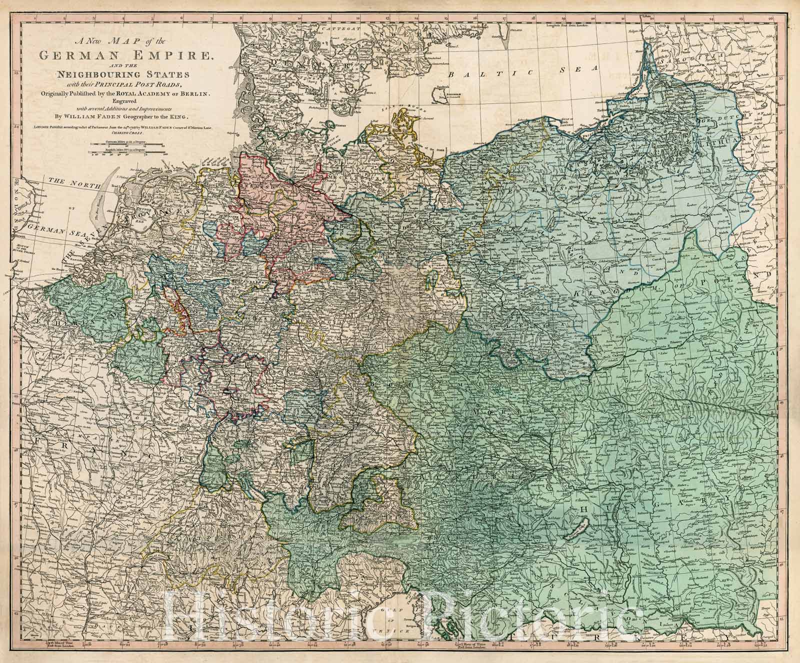 Historic Map - The German Empire, and the Neighbouring States with the Principal Post Roads, Originally, 1788, William Faden v1