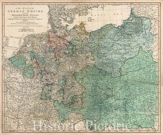 Historic Map - The German Empire, and the Neighbouring States with the Principal Post Roads, Originally, 1788, William Faden v1