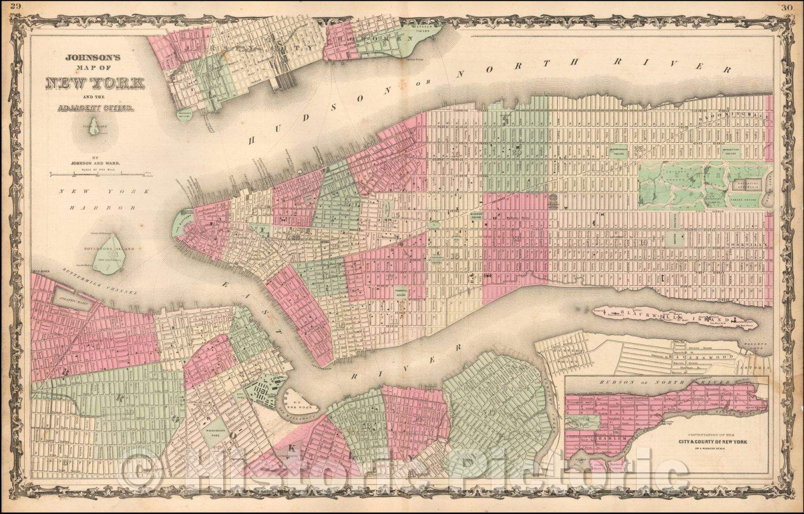 Historic Map - Johnson's Map of New York and the Adjacent Cities, 1863, Benjamin P Ward v1