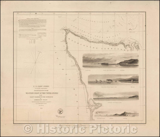Historic Map - Reconnaissance of the Western Coast of the United States From Gray's Harbor To The Entrance of Admiralty Inlet, 1855, United States Coast Survey - Vintage Wall Art