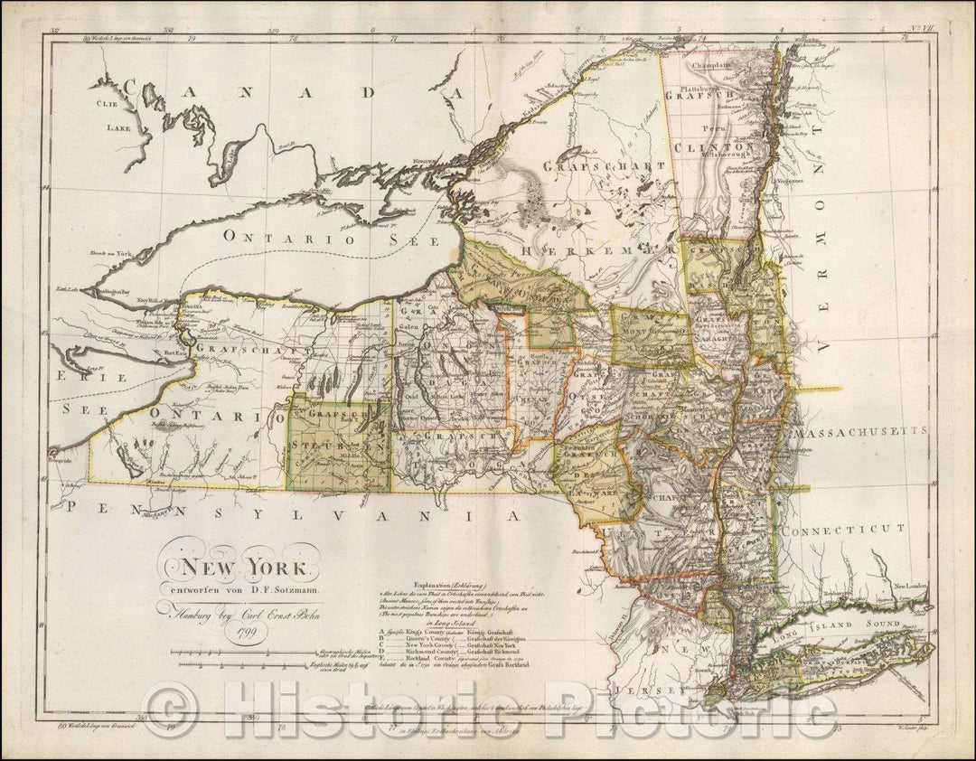 Historic Map - New York entworfen von D.F. Sotzmann./New York designed by D. F. Sotzmann, 1799, Daniel Friedrich Sotzmann - Vintage Wall Art