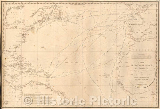 Historic Map - Carte De L'Ocean Atlantique Septentrionale :: Of The North Atlantic Ocean (from Ecuador to 52nd. Degree of Latitude), 1834 - Vintage Wall Art