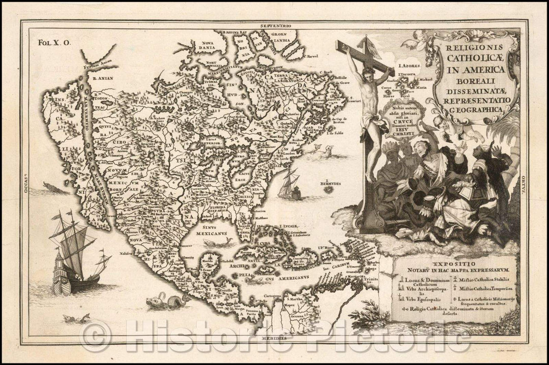 Historic Map - (North America/California as an Island) Religionis Catholicae/Map of North America, showing California as and Island, 1703 - Vintage Wall Art