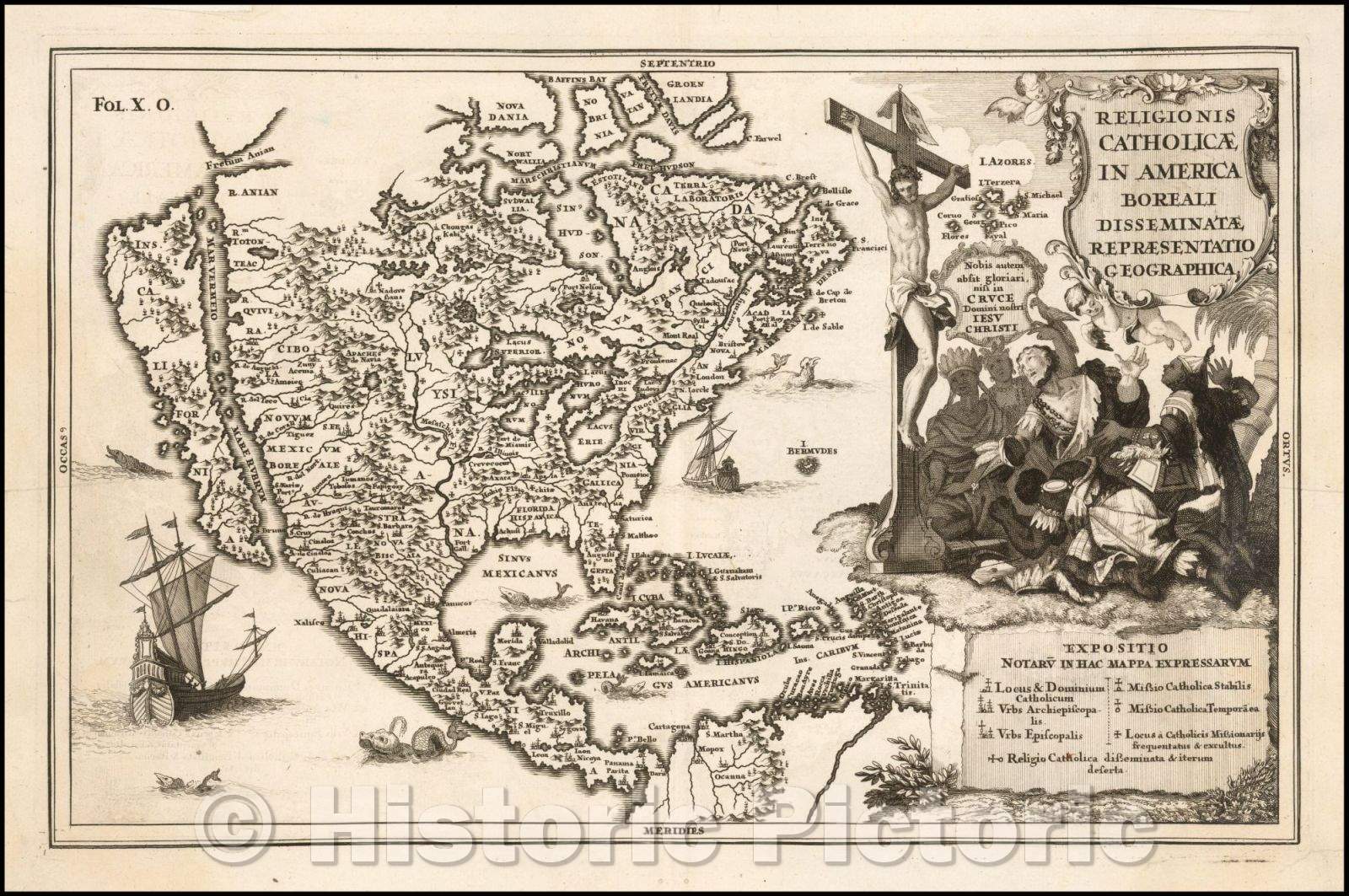 Historic Map - (North America/California as an Island) Religionis Catholicae/Map of North America, showing California as and Island, 1703 - Vintage Wall Art