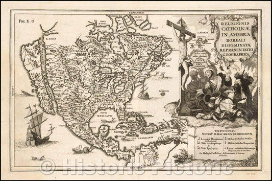 Historic Map - (North America/California as an Island) Religionis Catholicae/Map of North America, showing California as and Island, 1703 - Vintage Wall Art