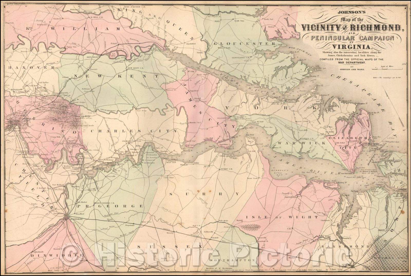 Historic Map - Johnson's Map of the Vicinity of Richmond, Peninsular Campaign in Virginia, 1863, Benjamin P Ward - Vintage Wall Art